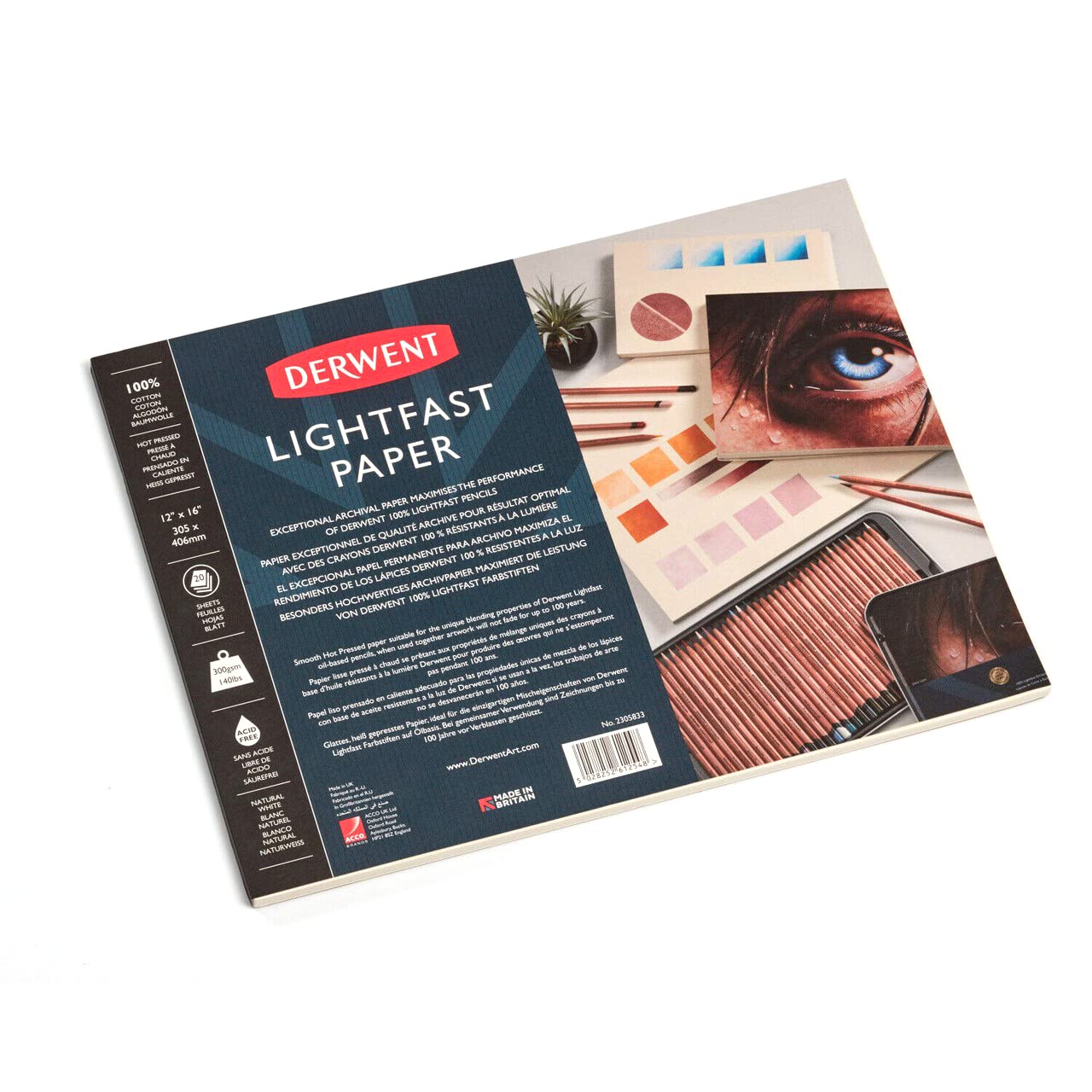 Derwent Lightfast Paper Pad 12 x 16 Inches, 300gsm, 20 Sheets, Smooth Hot Pressed Surface, Acid Free, Ideal For Fine Art Drawing & Colouring, Professional Quality, 2305833