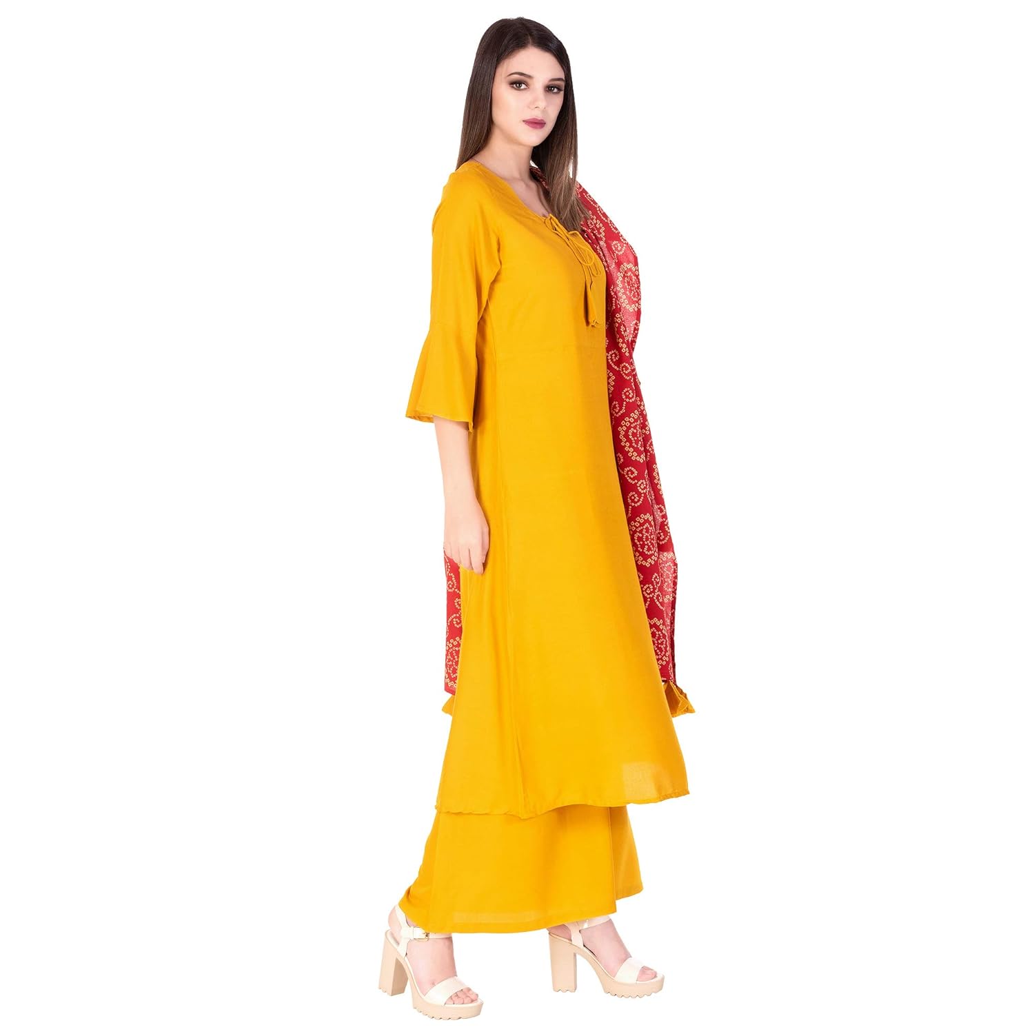ortange readymade women's rayon kurta, palazzo with printed dupatta set