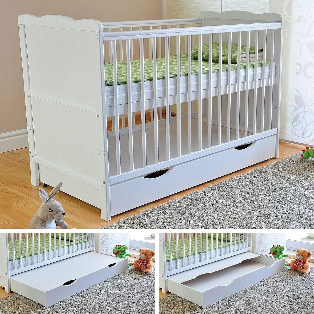 White Solid Wood Baby Cot Bed with Drawer & Deluxe Water Repellent