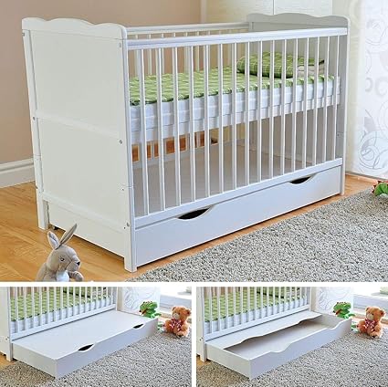 White Solid Wood Baby Cot Bed With Drawer Deluxe Water Repellent