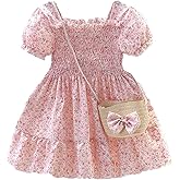 Balatale Toddler Girls Floral Dress Square Neck Puff Sleeve A-Line Smocked Dress with Bag Toddler Girls Summer Outfits