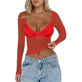 CSDAJIO Women's Sexy Going Out Tops for Women Sweetheart V Neck Long Sleeve Lace Top Low Cut Shirt