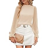 Aifer Womens Blouses Trendy Dressy Casual Tops Elegant Puff Long Sleeve Shirts Ruffle Mock Neck Plain Chiffon Outfits