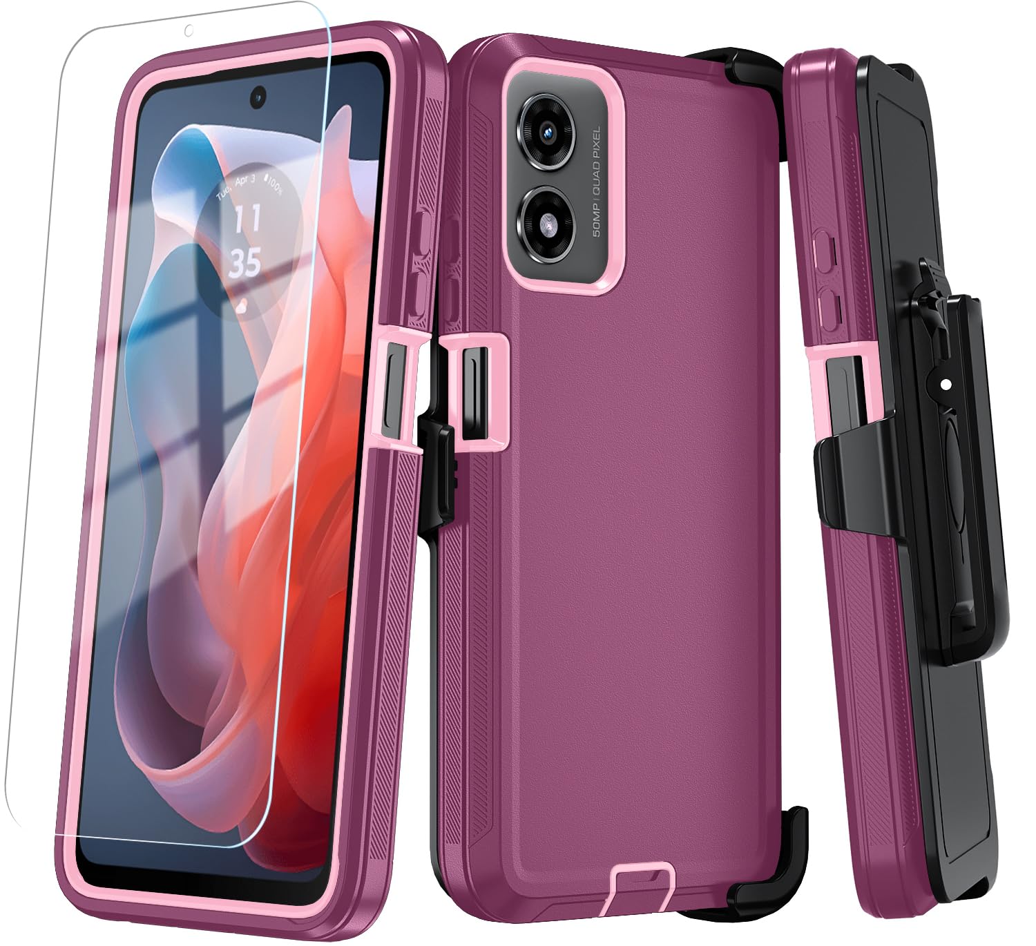 Qinmay Phone Case for Motorola Moto G Play 2024 4G Case with HD Screen Protector, Heavy Duty Shockproof & Dropproof 3-Layer Cover Phone Case for Moto G Play 2024(BeltClip_WineRed)