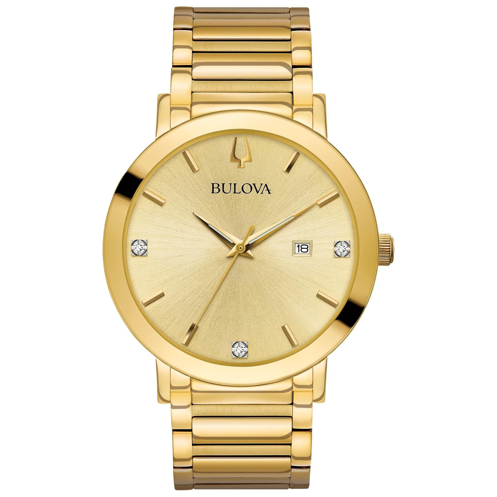 Bulova Reloj moderno de cuarzo con fecha y calendario de 3 manecillas de acero inoxidable en tono dorado para hombre, esfera negra con diamantes Estilo: 97D115