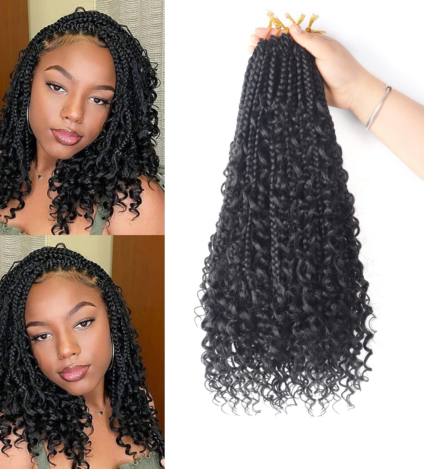 8Packs Goddess Box Braids Crochet Hair With Curly Ends 14inch Pre-looped Bohomian Crochet Box Braids Synthetic Braiding Hair Extensions (14 Inch, 1B) — image 1