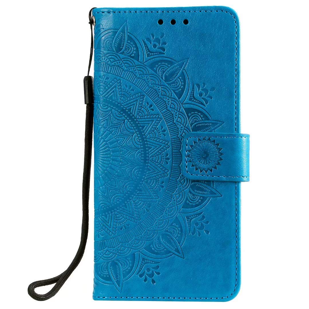 Reevermap Samsung Galaxy A21S Case, Flip Shockproof Premium PU Leather Wallet Card Slots Embossed Mandala Magnetic Buckle Stand Bumper Phone Cover for Samsung Galaxy A21S, Blue