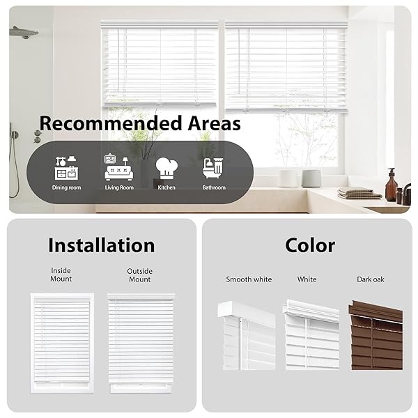DEZ FURNISHINGS CORDLESS 2″ SMOOTH FAUX WOOD BLIND, 24″ W X 48″ H, SMOOTH WHITE