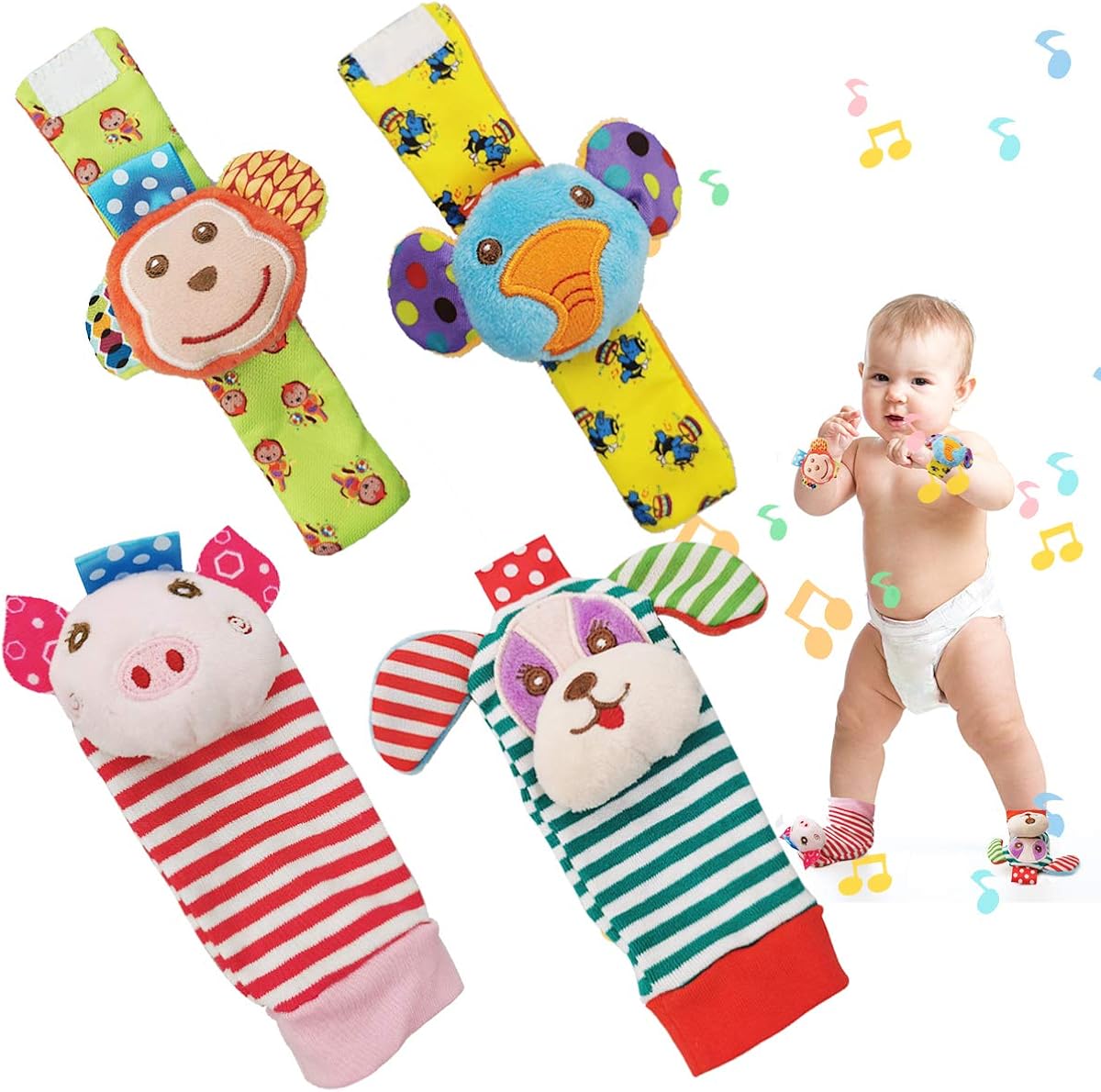 SIYWINA Wrist Rattle Foot Finder Socks 4 Pcs Baby Rattle Toys Gift for