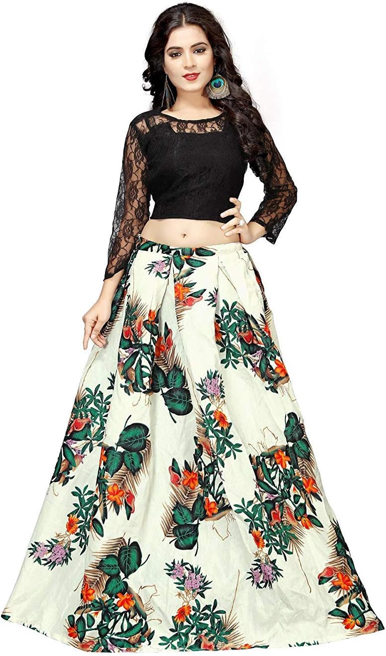 Kuber Enterprise Women's Banglori Silk Semi-Stitched Lehenga Choli (Printed Lahenga_Grey & White_Free Size)