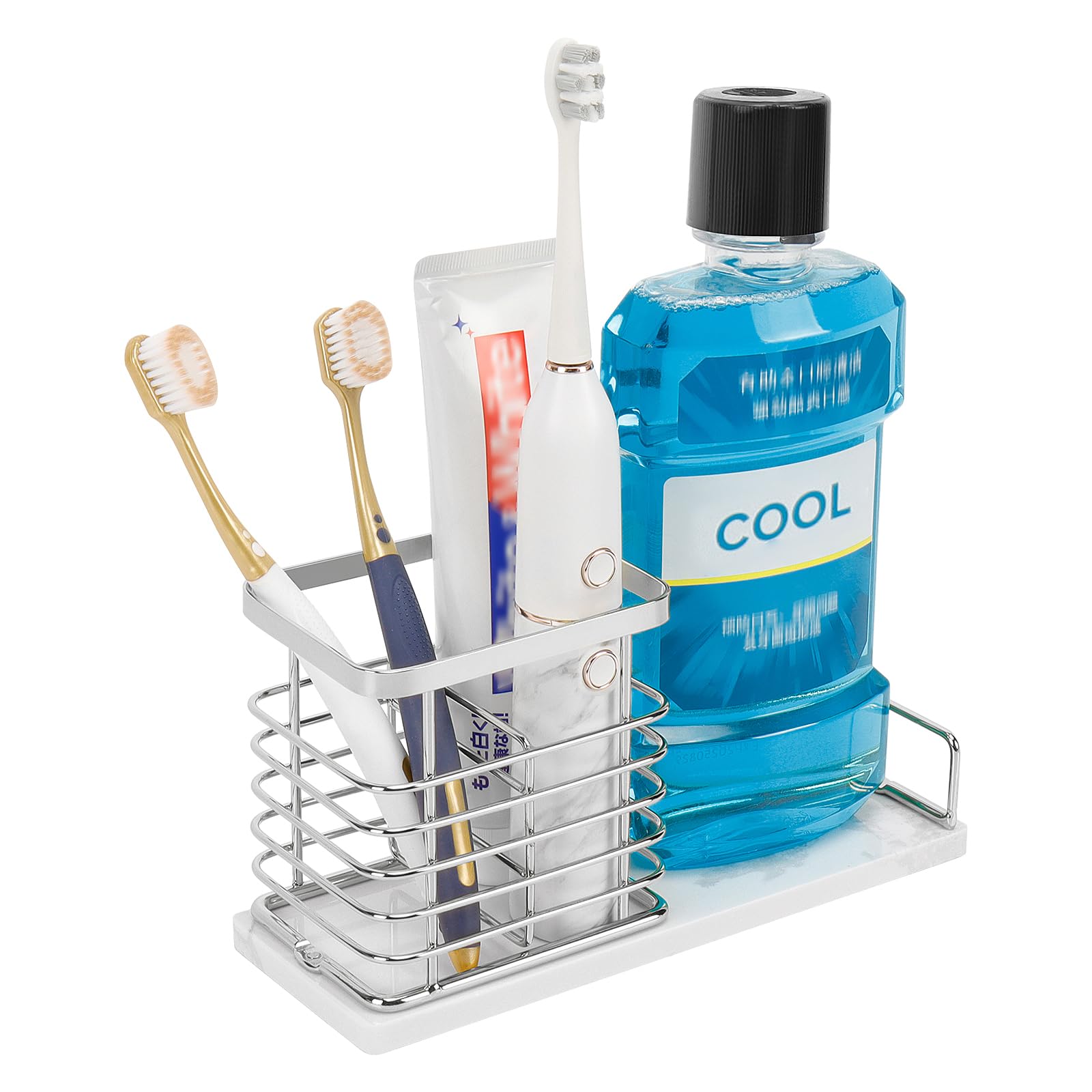 Photo 1 of ***MISSING SCREWS*** HarJue Toothbrush Holder, Luxurious Metal Toothbrush Toothpaste Holder for Bathroom, Multi-Slots Openwork Design, Bathroom Accessory for Storage and Organizer (Marble Base-Large, Chrome)