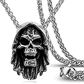 THJEW Mens Cool Death Skull Head Pendant Necklace,S925 Sterling Silver Retro Gothic Punk Biker Cocktail Party Easter Halloween Cloak Wizard Grim Reaper,Stainless Steel Chain Jewelry