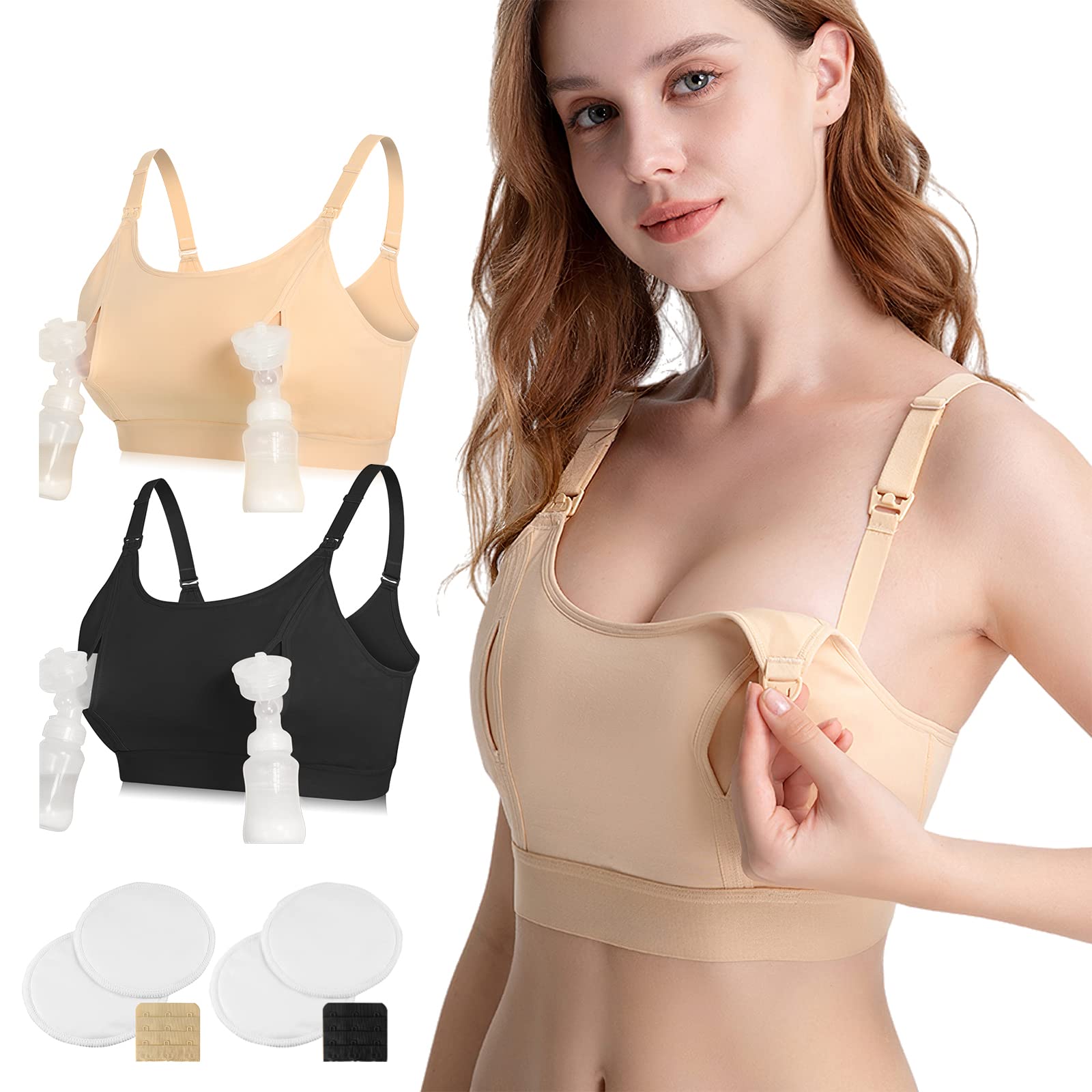 Photo 1 of 4HOW Hands-Free Pumping & Nursing Bra for Breastfeeding – Adjustable, Plus-Size Compatible Breast Pump Holder Black+Nude Size M