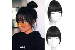 ORIGEN Clip in Bangs Real Human Hair Clip on Wispy Bangs Fringe with Temples Hairpieces Fake Front Bangs Extensions for Women Jet Black Color