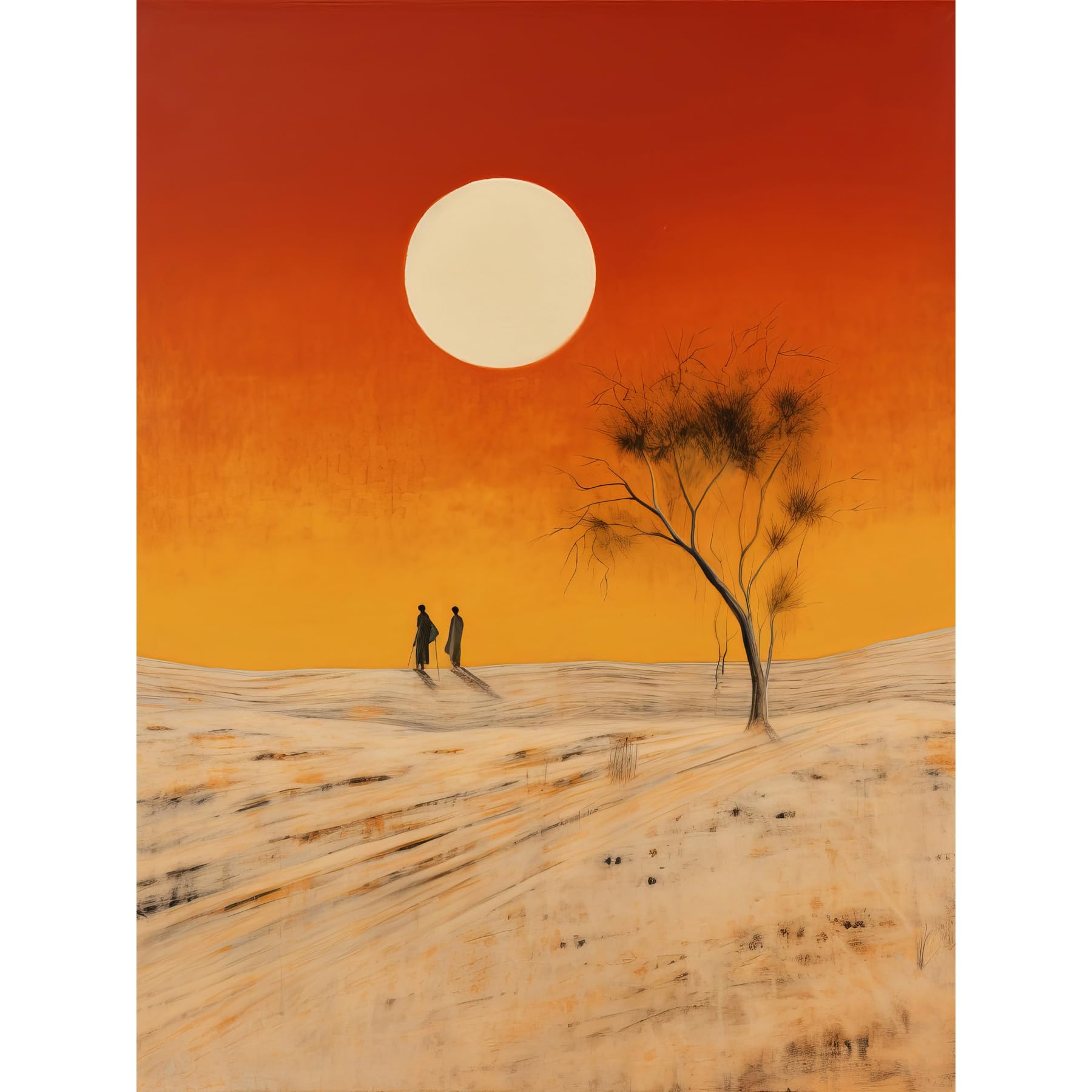 Artery8 Desert Landscape Sunset Sun Oil Painting Amber Orange Yellow Windswept Dunes Extra Large XL Wall Art Poster Print