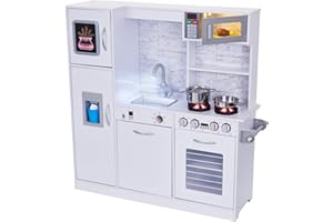 Lil' Jumbl Kids Kitchen Set, Pretend Wooden Play Kitchen, Battery Operated Icemaker, Burners, Faucet & Microwave Makes Realistic Sound & Light, Pots & Pan Included - White