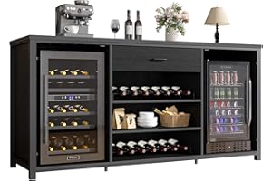 LVB Long Coffee Bar Cabinet with Fridge Space, Modern Wood Metal Large Wine Liquor Cabinet with Rack, Big Wide Sideboard Buffet Cabinet with Drawer Storage for Kitchen Dining Room, Black Oak, 70 Inch
