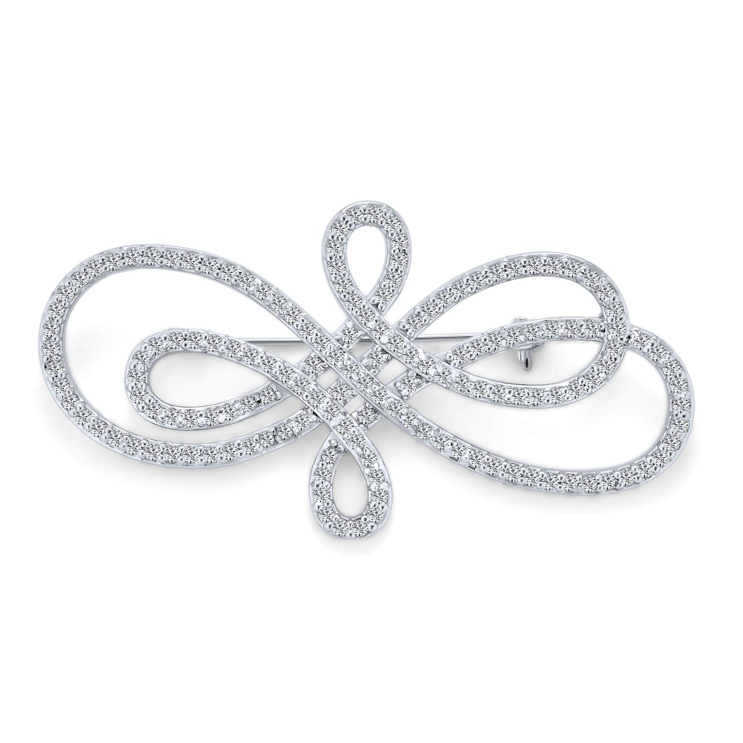 Bridal Elegant Large Statement Swirl Pave Cubic Zirconia Art Deco Vintage Style Fashion Infinity Brooch Pin For Women Silver Plated