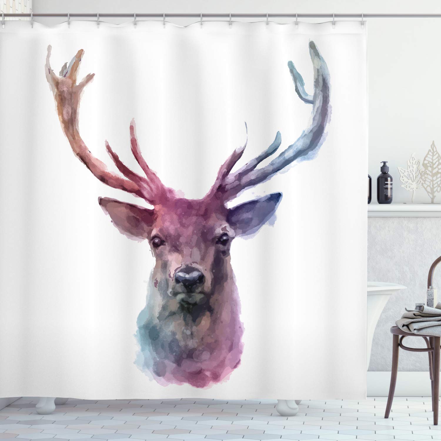 ABAKUHAUS Deer Shower Curtain, Illustration of Male Stag with Soft Pale Colors Antlers Wildlife Nature Print, Cloth Fabric Bathroom Decor Set with Hooks, 86 Inches Extra Long, Pink Lilac — image 1
