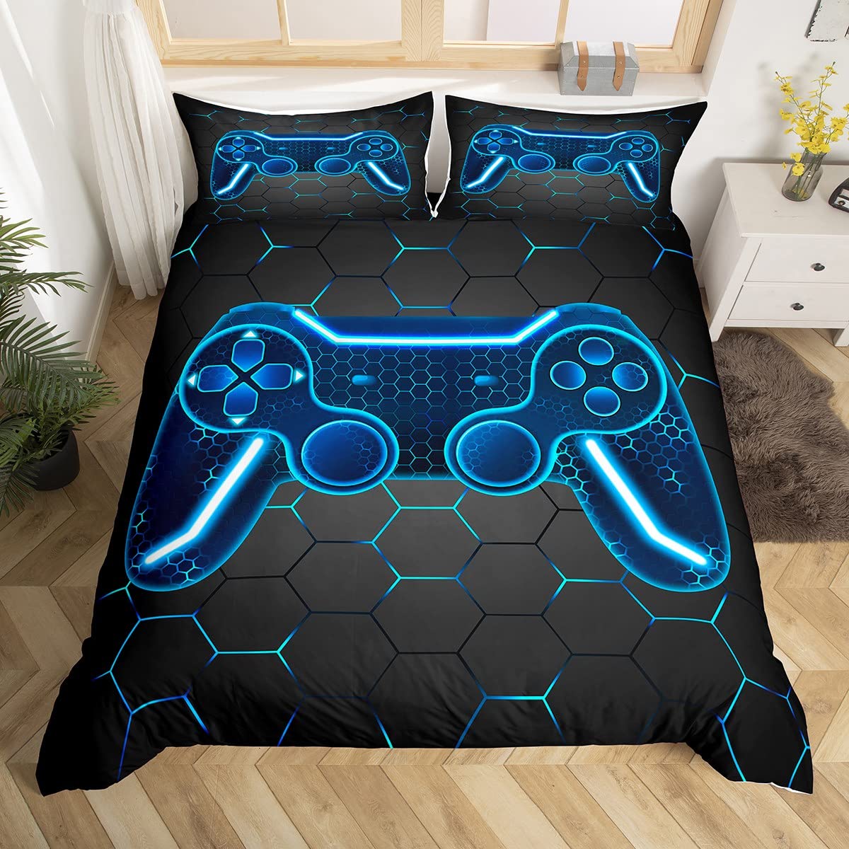 Homemissing Gamer Duvet Cover for Kids Boys Girls Gamer Controller Comforter Cover Gaming Bedding Set Blue 2Pcs 1 Duvet Cover & 2 Pillowcase Double Size