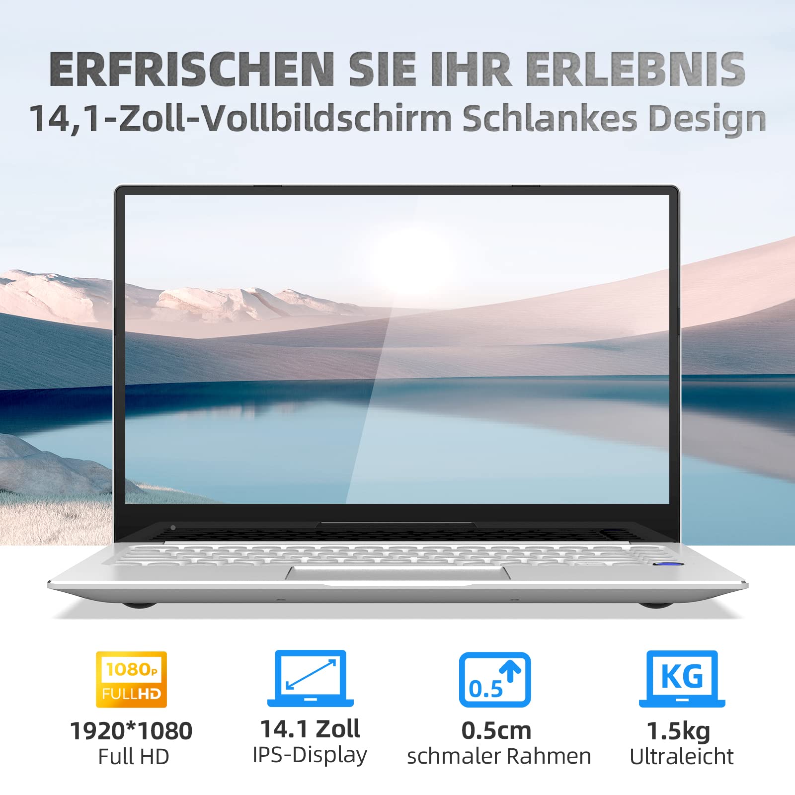 Auusda 14.1 Inch Full HD Laptop, 8GB LPDDR4 and 256GB SSD, Expandable 2TB, All Matal Notebook, 3867U Quad-Core, 4K, WiFi, BT4.2, Backlit Keyboard Fingerprint