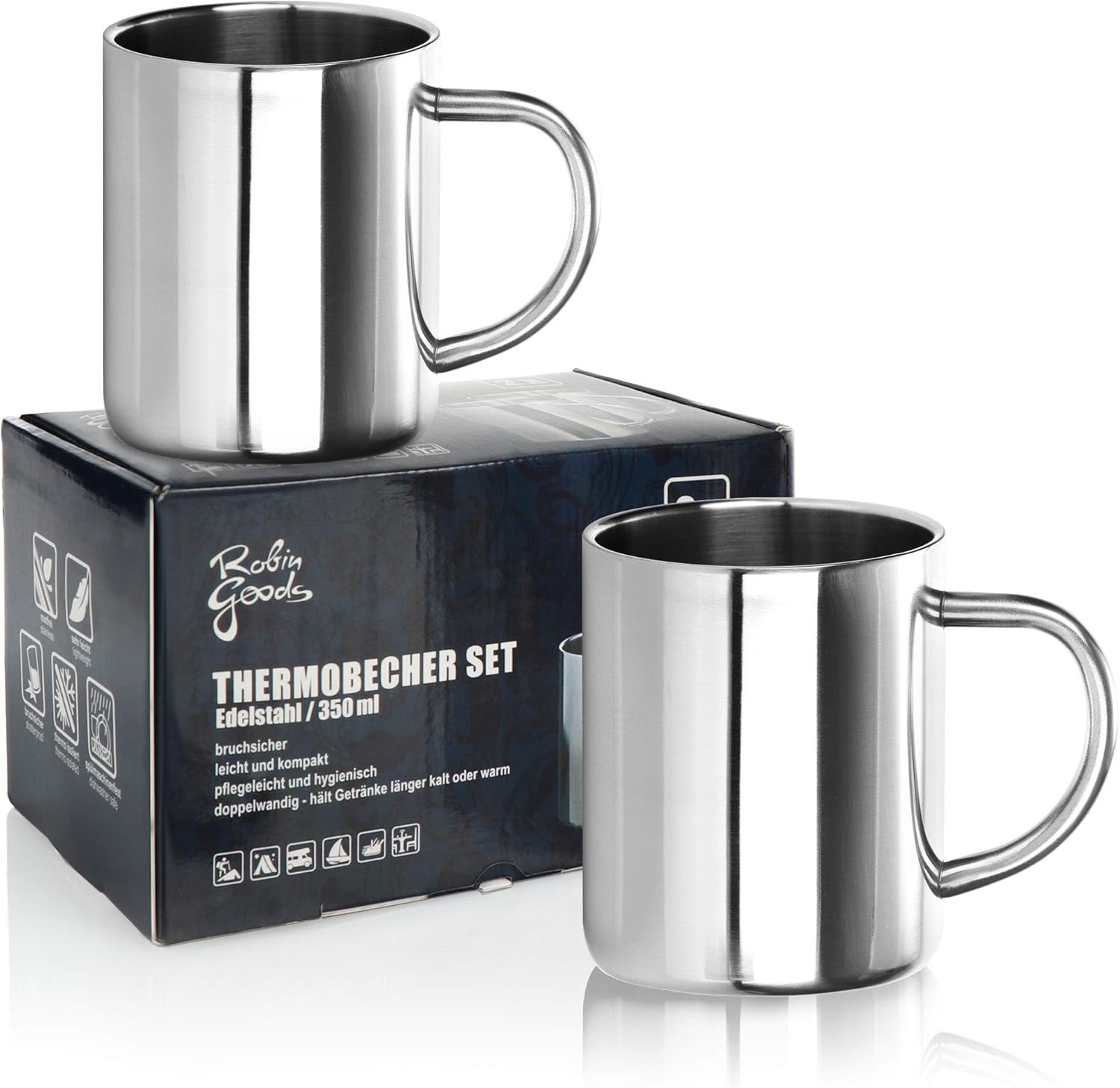 Robin Goods® 2X Edelstahl-Thermobecher Set - 350 ml je Kaffeetasse - Thermo-Trinkbecher aus hochwertigem Edelstahl - Kaffeepott bruchsicher - doppelwandige Isolierbecher (Edelstahl - 02 Stück)