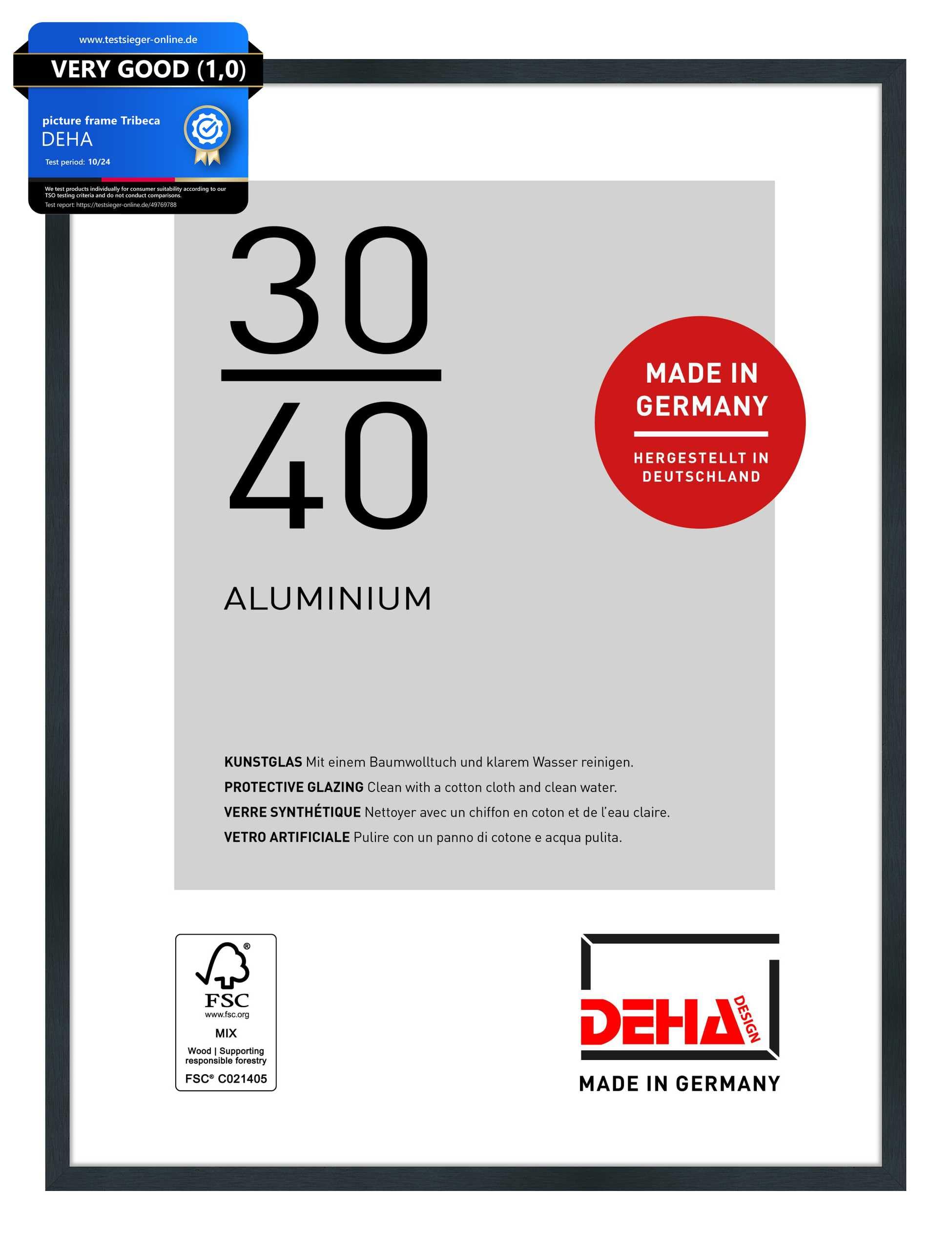 DEHA Design Tribeca Aluminium Picture Frame - 30x40 cm – Brushed Black - with Synthetic Glass and Push/Turn Clips