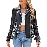 Bellivera Faux Leather Jacket for Women Studded Rivet Floral Moto Biker Short Lapel Coat