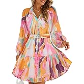 ZESICA Womens Spring Summer Floral Mini Dress Long Sleeve Button Chiffon A Line Swing Short Wedding Guest Party Dresses