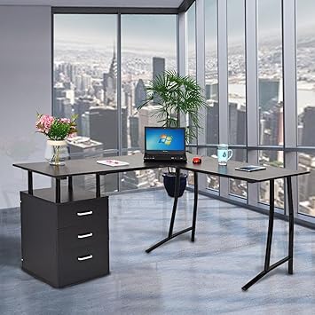Weibo L Shaped Office Computer Desk With 3 Drawers Corner Desk In