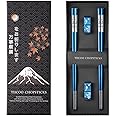 TIICOO Metal Chopsticks Reusable 2 Pairs Titanium Plated 18/8 Stainless Steel Chopsticks with Holder, Dishwasher Safe Non-Slip Japanese Style Laser Engraved Chop Sticks Gift Set (Blue)