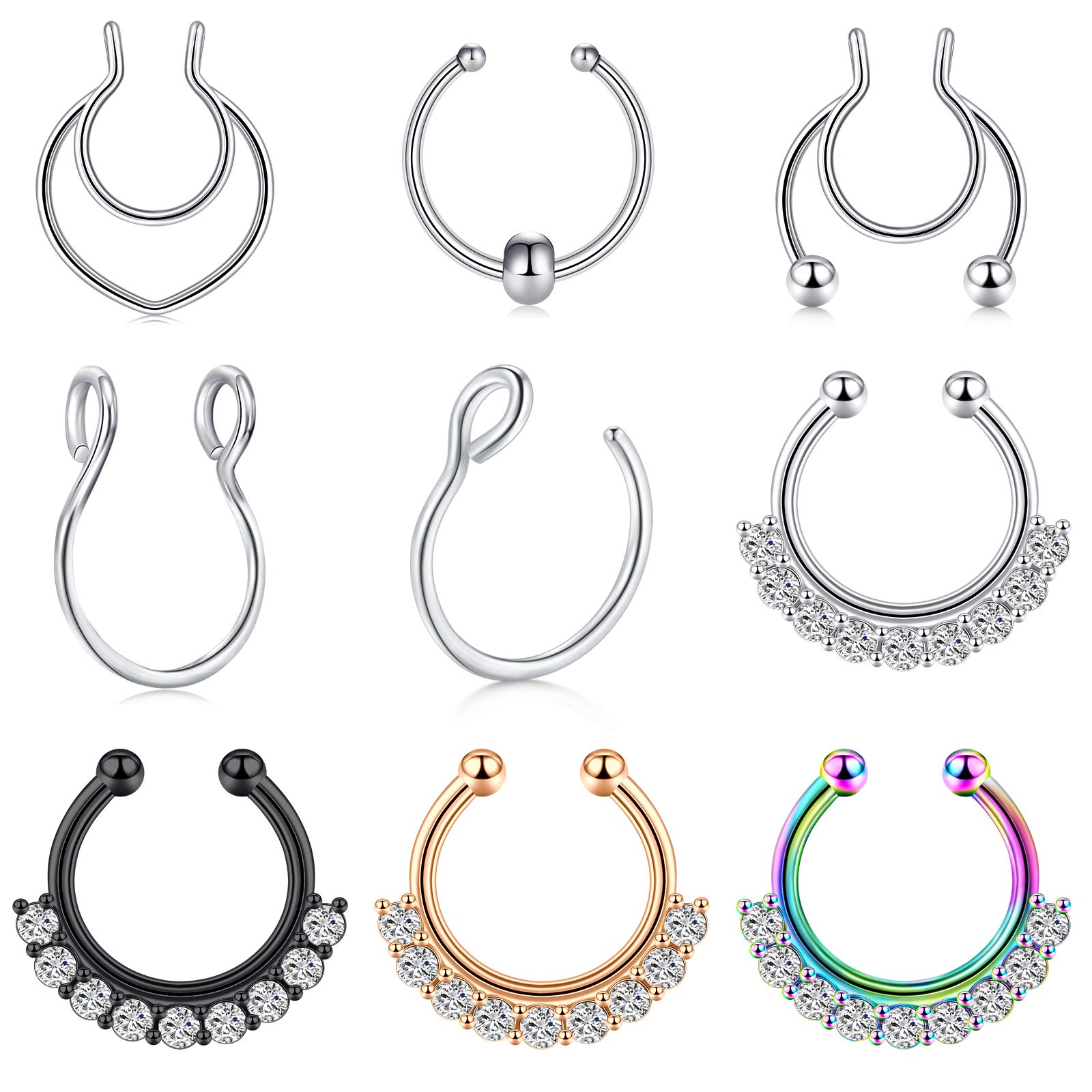 Longita 9PCS Fake Nose Rings Stainless Steel Fake Septum Piercing Diamond CZ Nose Hoop Ring Non Piercing Jewelry for Women Men Silver Black Rosegold Rainbow