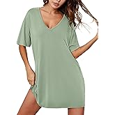 Ekouaer Nightgowns for Women Bamboo Viscose Sleepshirt Short sleeve Nightshirt V Neck T shirt Night gown Boyfriend Sleepwear