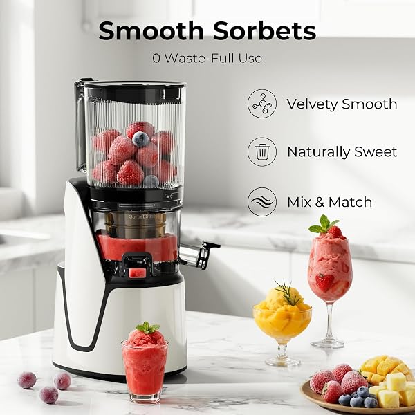 EANORUUS JUICER MACHINES, 3-IN-1 COLD PRESS JUICER WITH 6.5″ EXTRA LARGE CHUTE, 100OZ LARGE CAPACITY, AC MOTOR, MAKES JUICE, NUT MILK & SORBET, BRIGHT WHITE