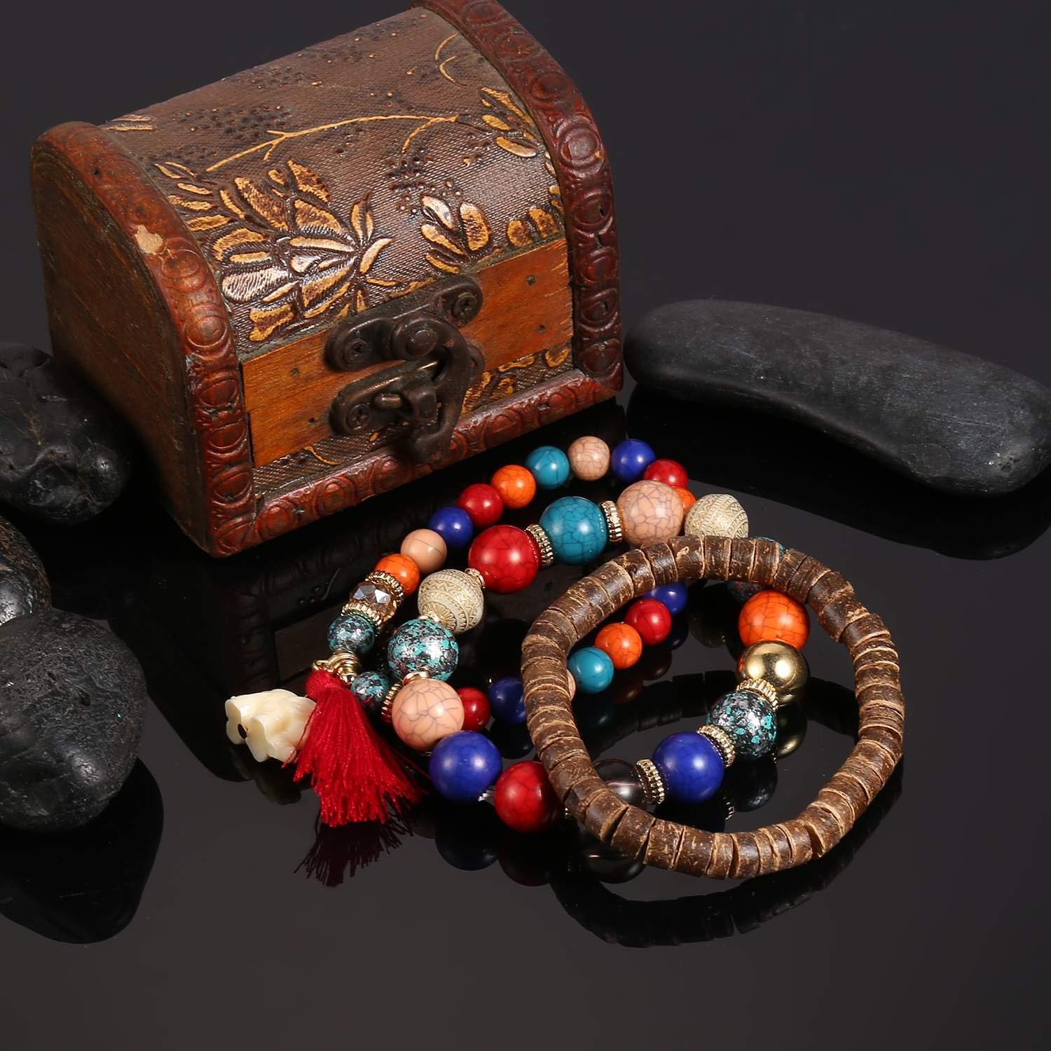 Idomeo Women Fashion Wood Beads Bracelets Boho Small Elephant Charm Bracelets Set Vintage Style Jewelry Strand