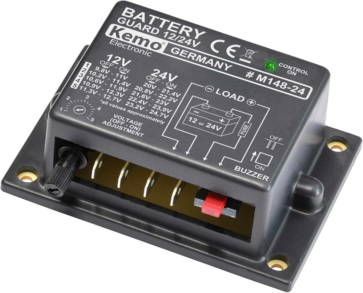 Kemo M148-24 Battery Monitor for 12 or 24 V/DC. Protect car batteries from deep discharge. Automatically turns on after normal voltage returns. Automatic battery detection