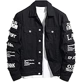 SOLY HUX Men's Denim Jacket Letter Graphic Button Down Flap Pocket Long Sleeve Streetwear Jacket