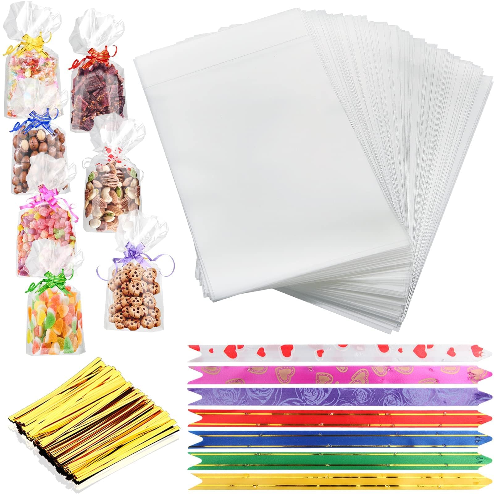 Lonely high heels 70pcs Cellophane Bags 6x10'' Plastic with Colorful Pull Bows Twist Ties Clear Sweet Empty Flat Bottom Gift Packaging Treat for Cookies Sweets Candy Cupcake Bread (25 * 15cm), Gold