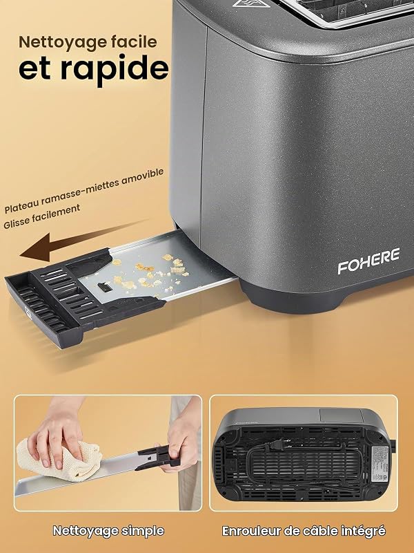 Grille Pain 4 Tranches, Longue Fente Toaster avec écran Tactile, 9 Niveaux de Dorage, 3 Types de Pain, Inox Grille Pain, Tiroir Ramasse Miettes Amovible, D'annulation/Décongélation/Réchauffage, Gris — photo 6 sur 8