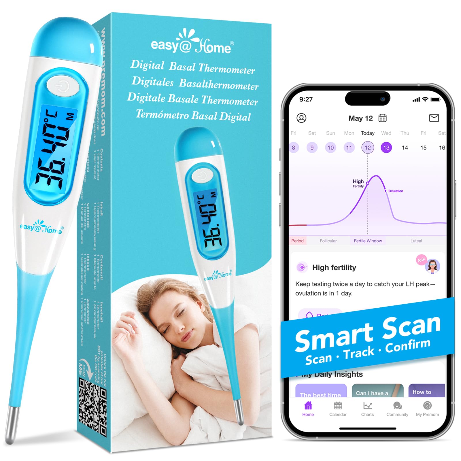 Easy@Home Digital Basal Thermometer with Blue Backlight LCD Display, 1/100th Degree High Precision and Memory Recall, NOT Bluetooth Enabled, Blue