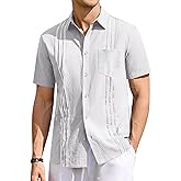 Runcati Mens Linen Shirt Guayabera Cuban Short Sleeve Button Down Summer Beach Hippie Shirts