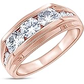 Men's 3-stone Anniversary Wedding Band Ring Round Lab Created Moissanite & Lab Grown Diamond Channel Set Ring In 925 Gold Plated Sterling Silver 10K & 14K Solid Gold Jewelry Gift For Him (1.00 Cttw)
