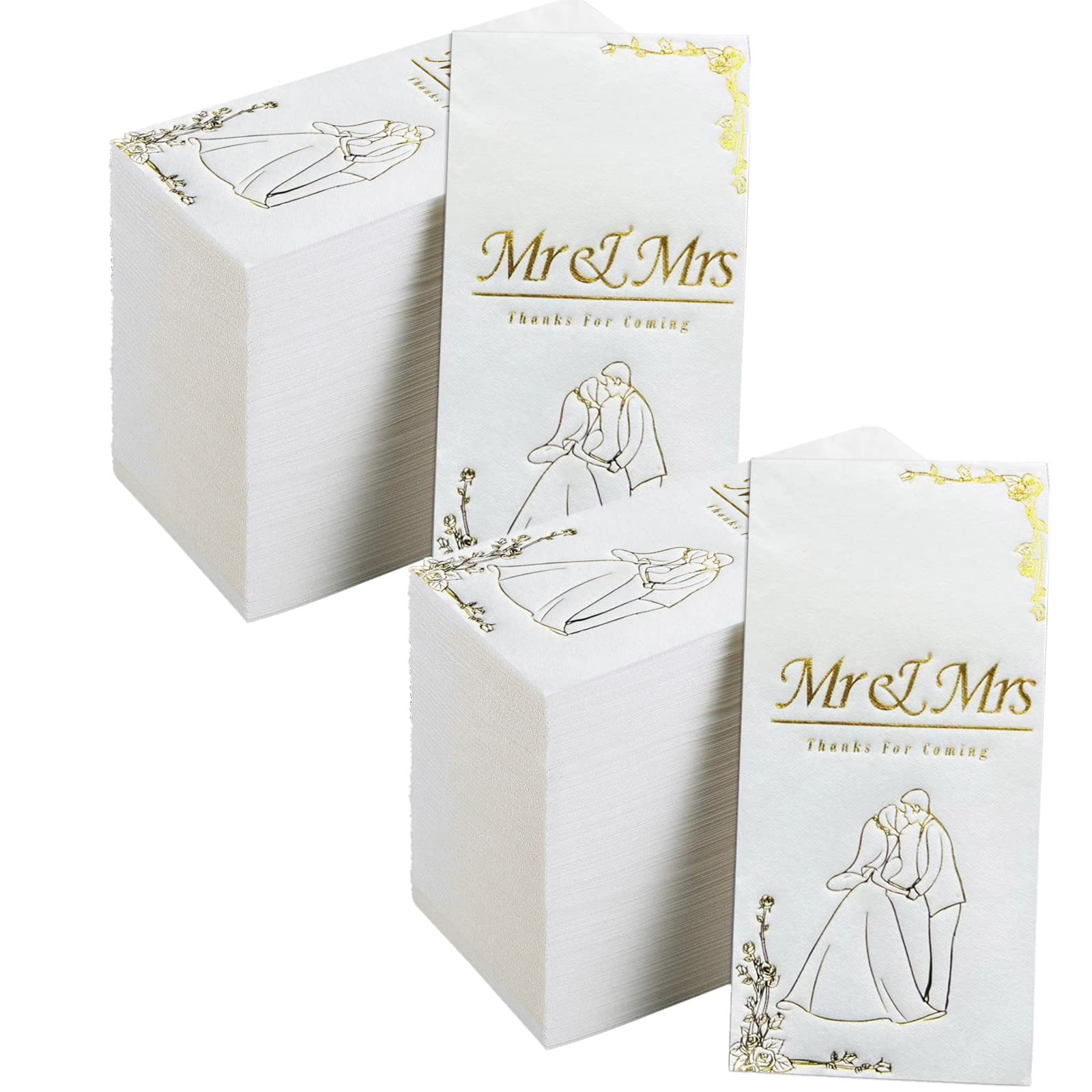 DADAWU 100Pcs Wedding Napkins Mr and Mrs Gold Foil Cocktail Napkins, Beverage Cake Disposable Thank You Dinner Napkins for Wedding Shower Anniversary Engagement Table Party Decoration Supplies
