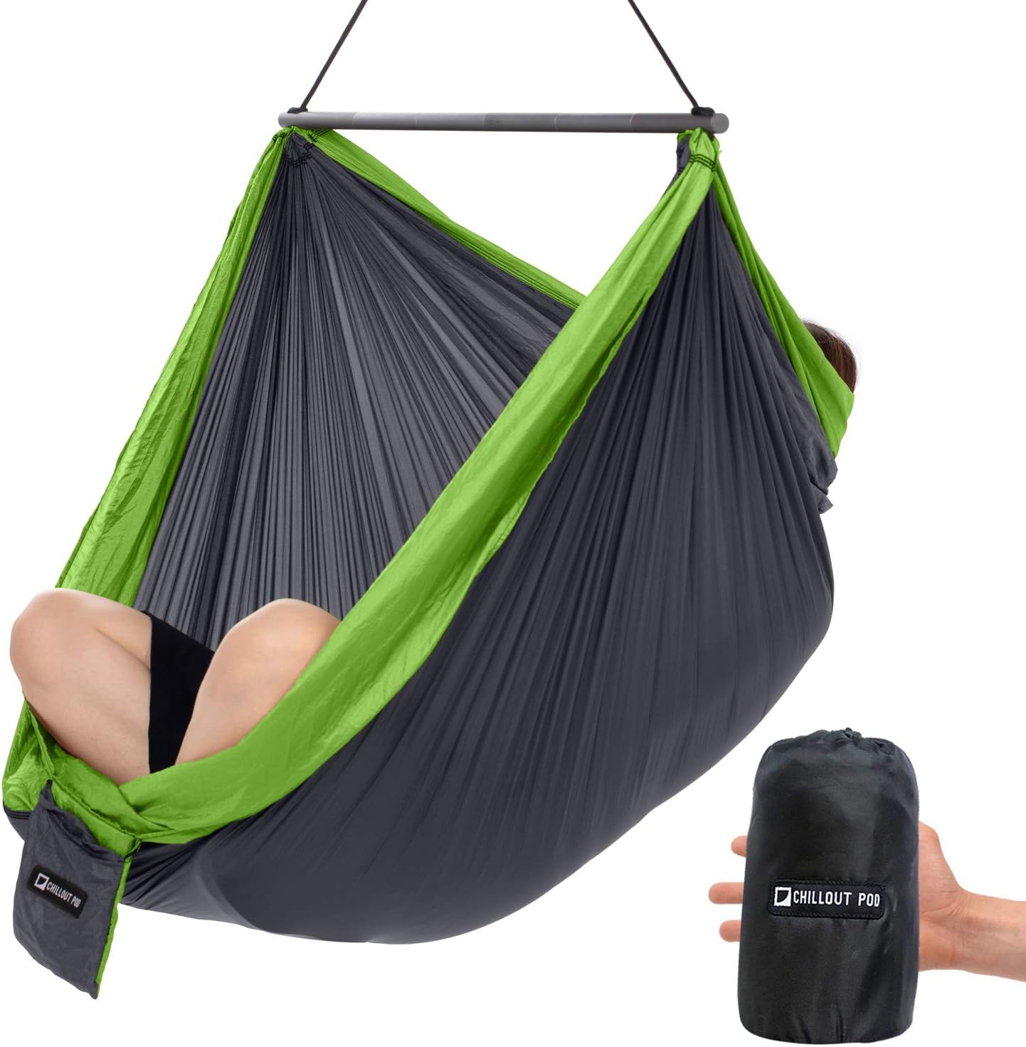 CHILLOUT POD Travel Hammock Chair, Lightweight Hanging Chair, Ultra Compact and Portable, One Minute Setup, Multiple Seating Positions, Foldable One-Piece System (Dark Grey & Green)