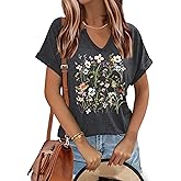 Women's Floral T-Shirts V-Neck Dandelion Sun Flower Graphic Casual Tee Boho Tops Cute Wildflowers Shirts