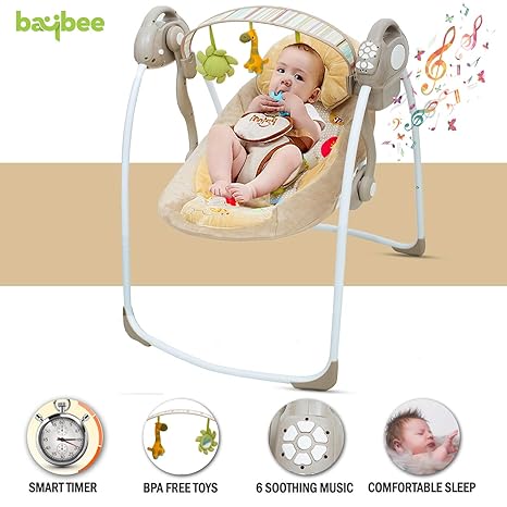 BAYBEE Angel Baby Portable Automatic Swing Cotton Cradle/Jhula with Music for 0-12 Months Newborn Babies (Brown)