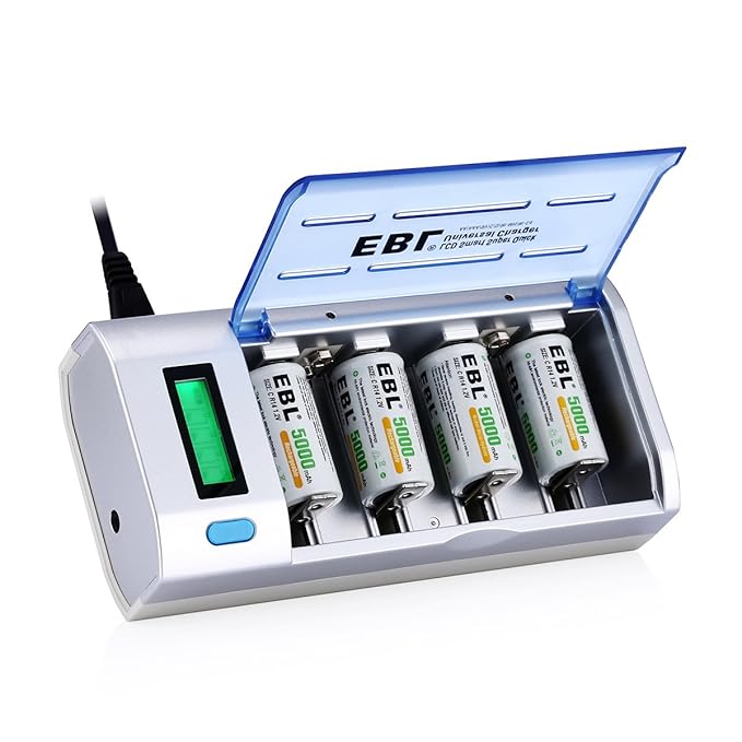 EBL 906 Smart Charger for AA AAA C D 9V Rechargeable Batteries with 4 Pieces 5000mAh C Rechargeable Batteries