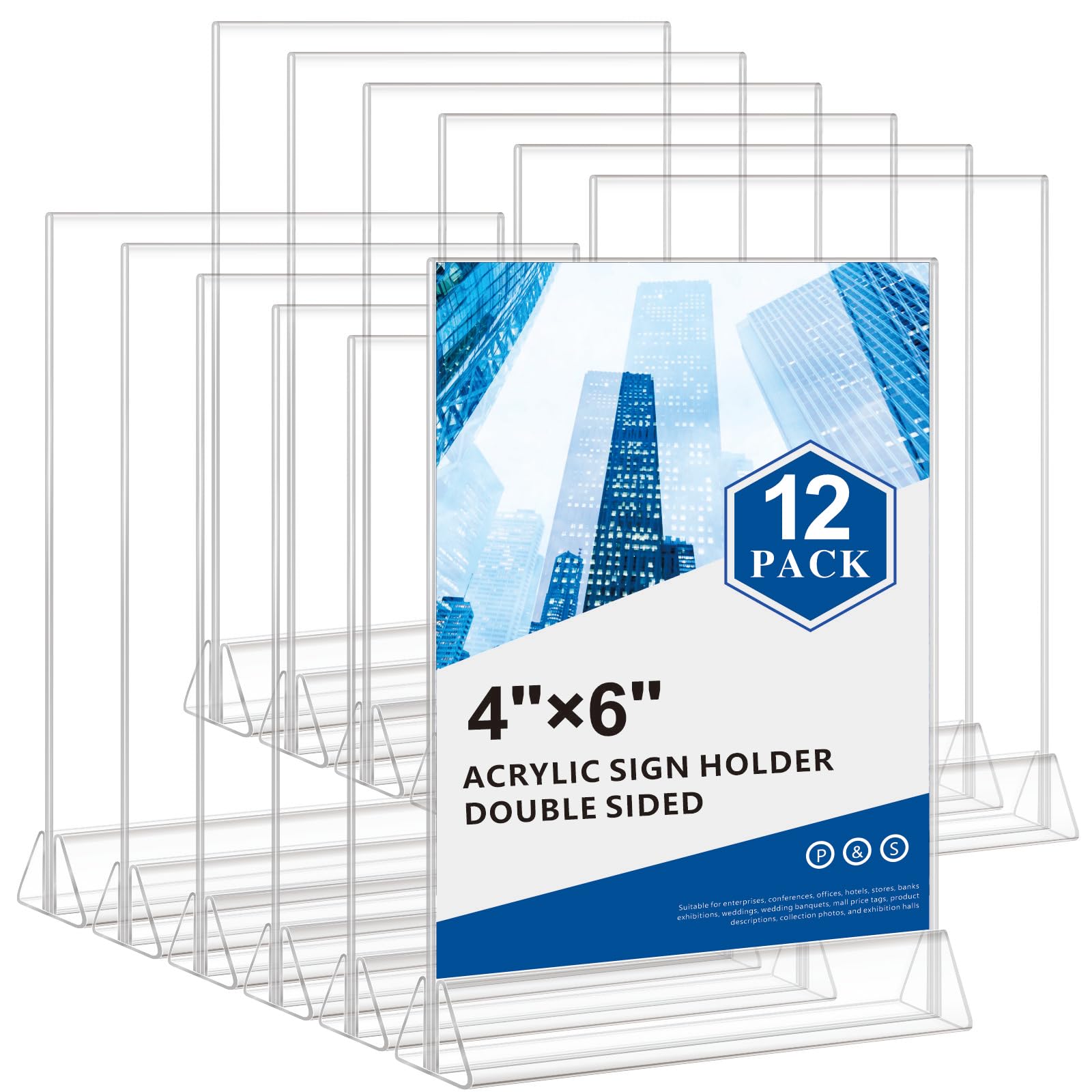 Photo 1 of Acrylic Sign Holder 4x6 - 12 Pack Double-Sided Acrylic Wedding Table Numbers Holder Picture Frames, Clear Table Menu Holder Vertical Desktop Display Stand, Vendor Booth Display Items - Suitable for Restaurants Office Store