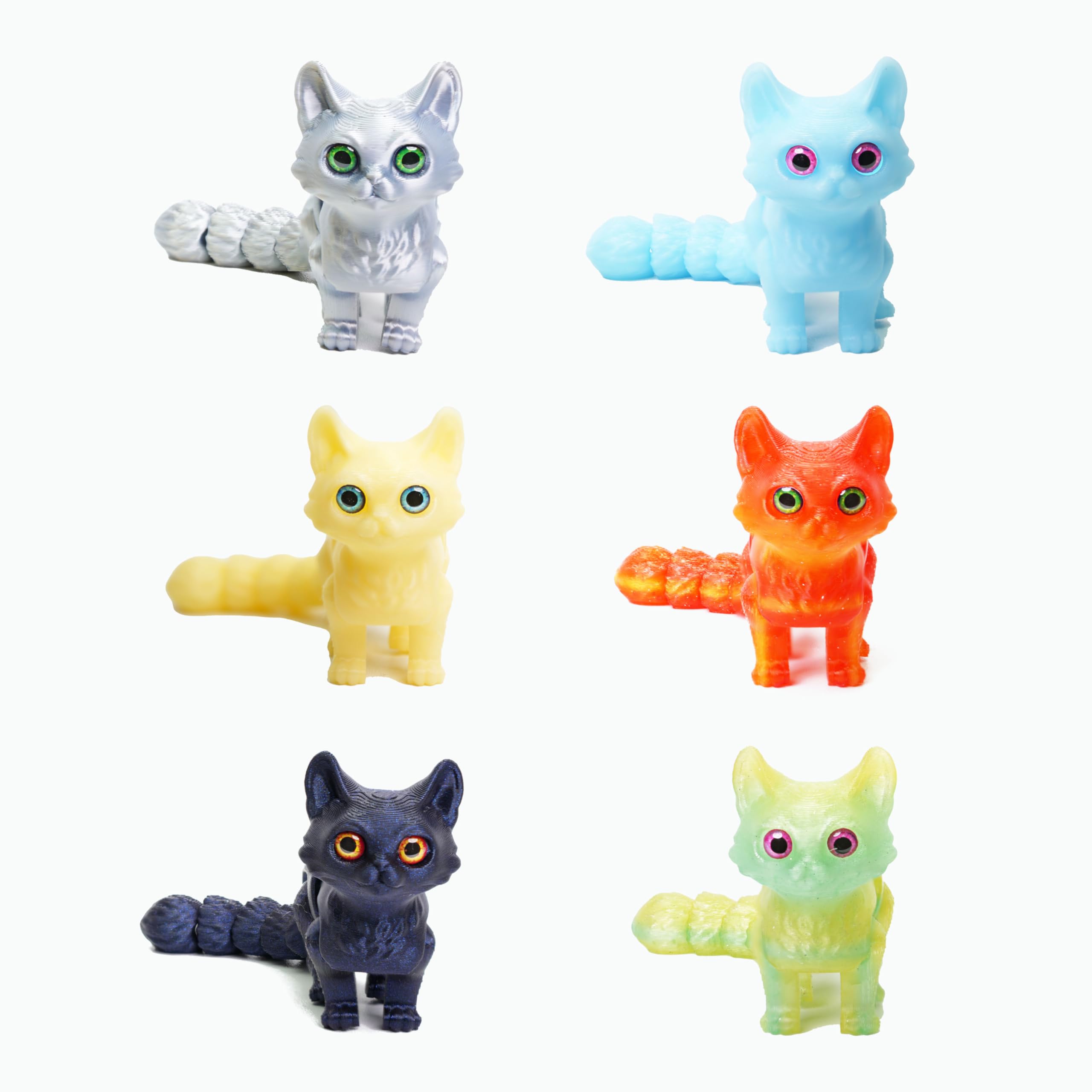 6 Pcs Multi-Color Articulated Cat Set, 3D Printed Kitty Cat Small Animal Figurines, Kawaii Cat Decor Desk Pets for Office, Flexible Fidget Toys for Easter Basket Stuffers