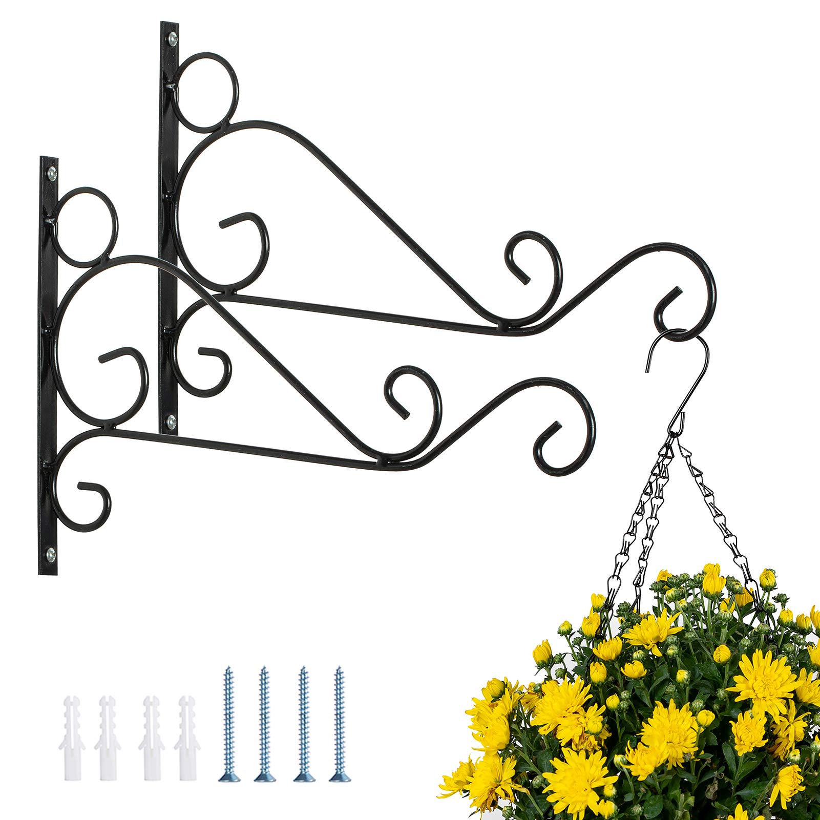 NUPTIO 2 Pcs Black Hanging Basket Brackets Outdoor, Retro Iron Plant Hanging Hooks Wall Garden Brackets 30cm Length for Planter Bird Feeder Lanterns Wind Chimes with Screw